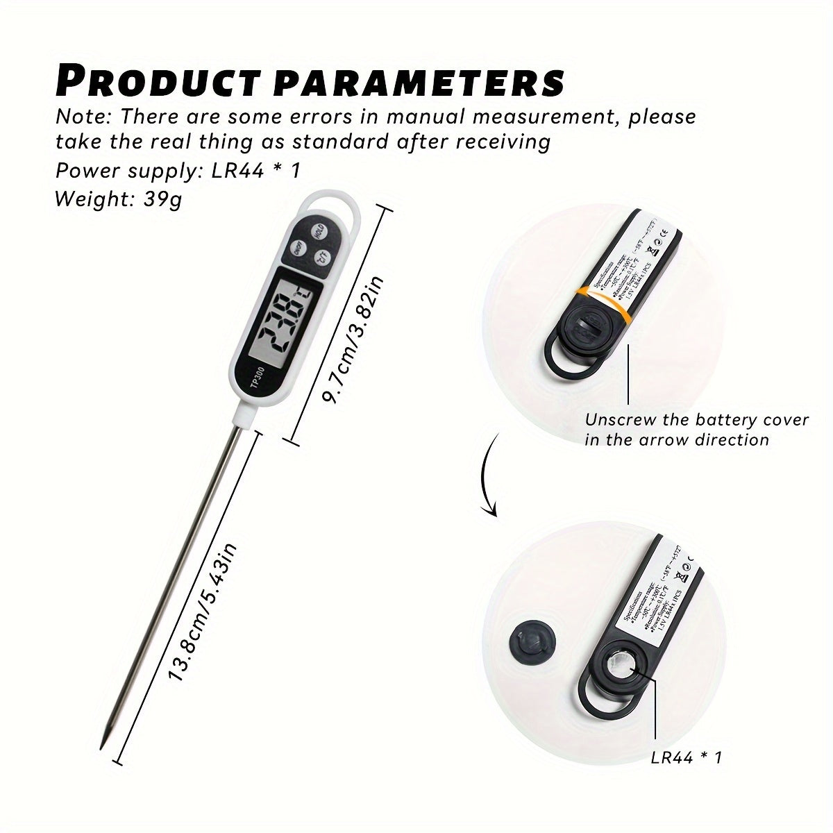 1pc Digital Food Thermometer with Stainless Steel Probe - Accurate Meat and BBQ Cooking Temperature, Instant Read for Baking and Grilling, Includes AA Battery, Kitchen Temperature Tool|Sleek Digital Thermometer|Plastic Body T