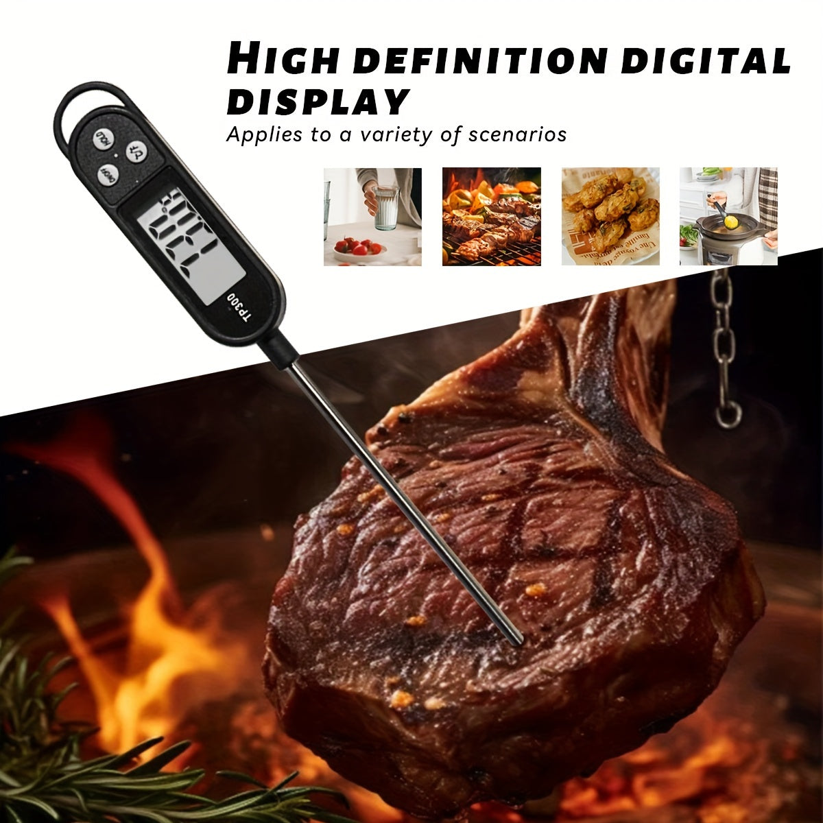 1pc Digital Food Thermometer with Stainless Steel Probe - Accurate Meat and BBQ Cooking Temperature, Instant Read for Baking and Grilling, Includes AA Battery, Kitchen Temperature Tool|Sleek Digital Thermometer|Plastic Body T