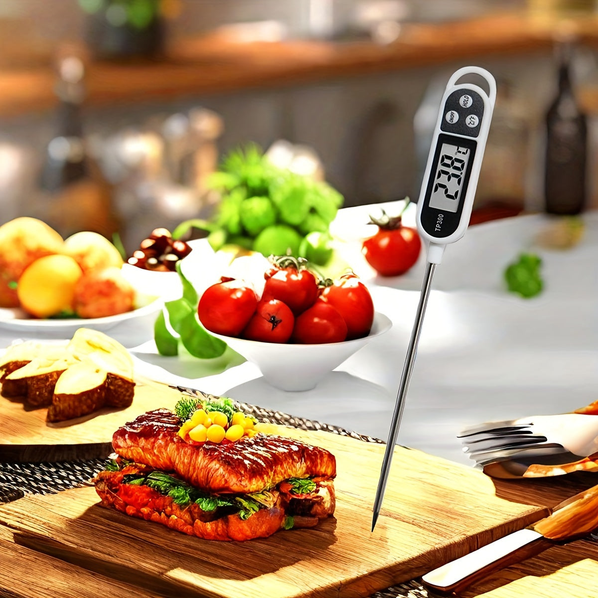 1pc Digital Food Thermometer with Stainless Steel Probe - Accurate Meat and BBQ Cooking Temperature, Instant Read for Baking and Grilling, Includes AA Battery, Kitchen Temperature Tool|Sleek Digital Thermometer|Plastic Body T