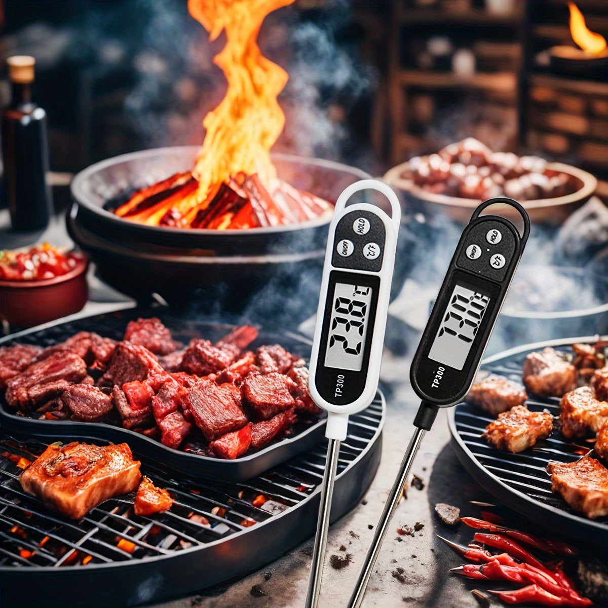1pc Digital Food Thermometer with Stainless Steel Probe - Accurate Meat and BBQ Cooking Temperature, Instant Read for Baking and Grilling, Includes AA Battery, Kitchen Temperature Tool|Sleek Digital Thermometer|Plastic Body T